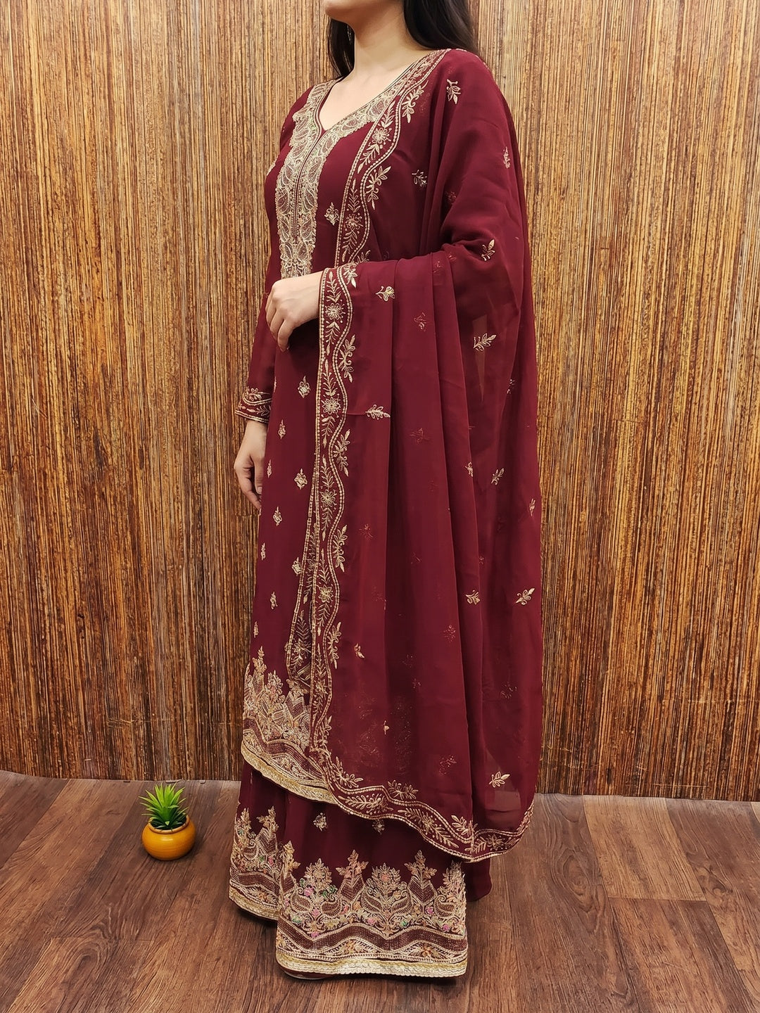 Maroon Floral Embroidered Georgette Dress Material - Image 3