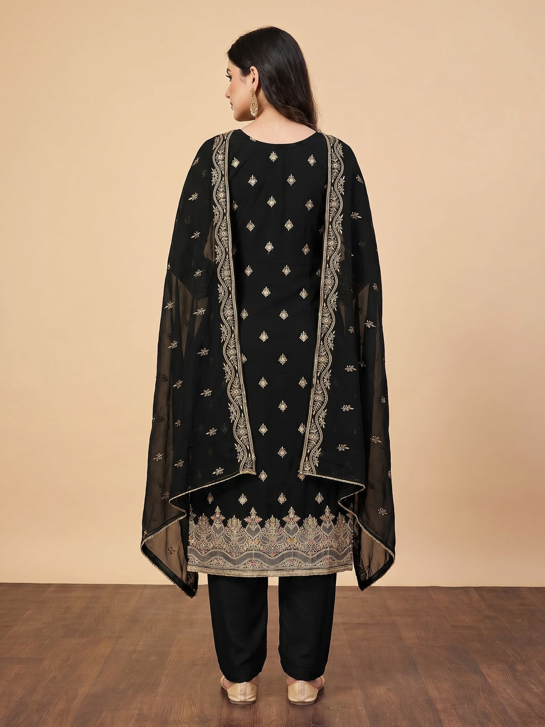Black Floral Embroidered Georgette Dress Material - Image 2