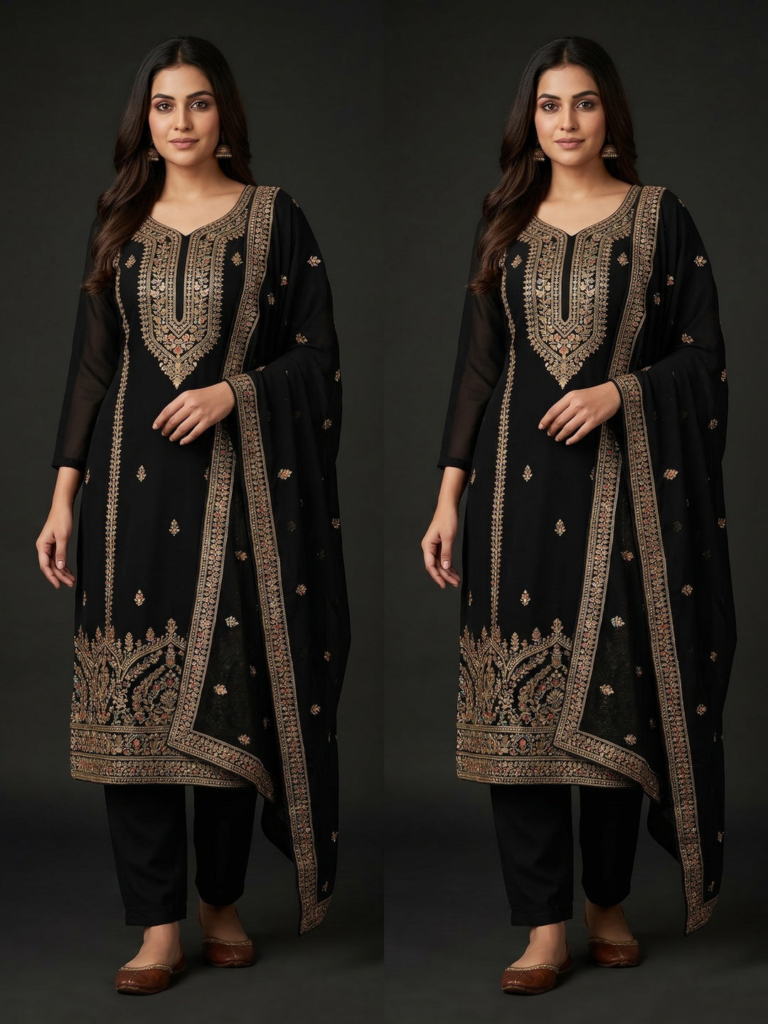 Black Floral Embroidered Georgette Dress Material - Image 1