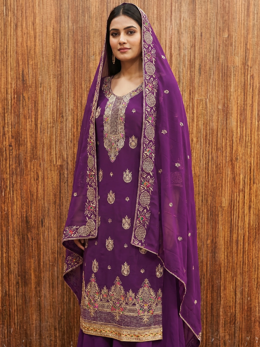 Purple Floral Embroidered Georgette Dress Material - Image 1