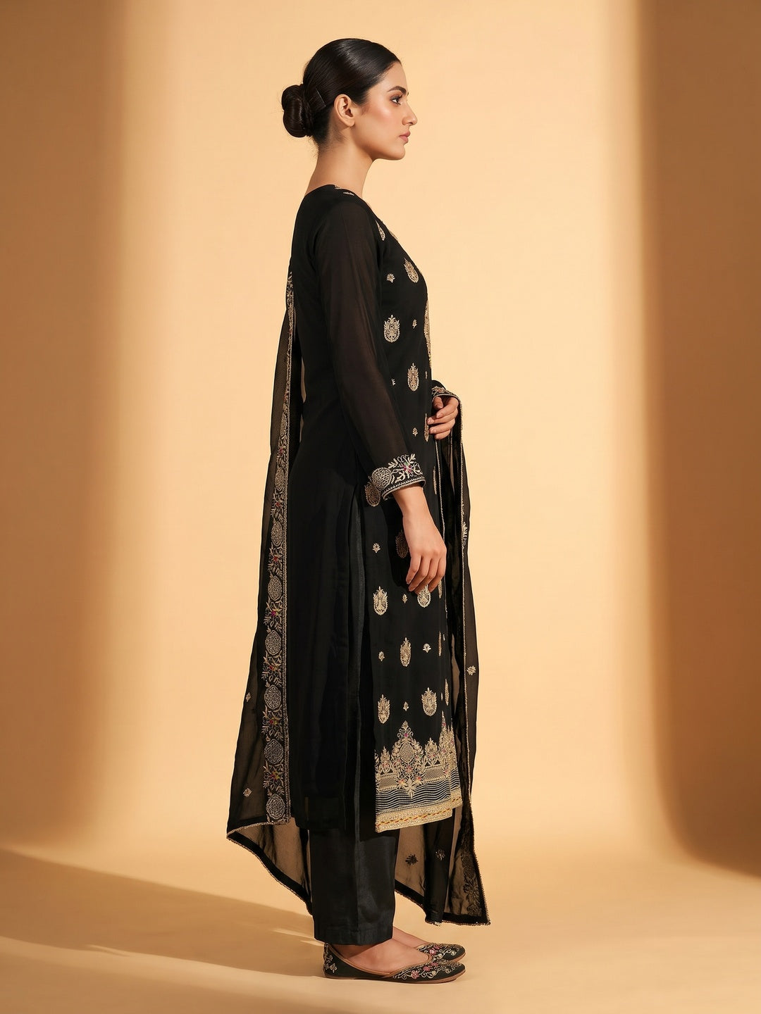 Black Floral Embroidered Georgette Dress Material - Image 2