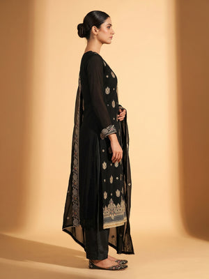 Black Floral Embroidered Georgette Dress Material - Image 2