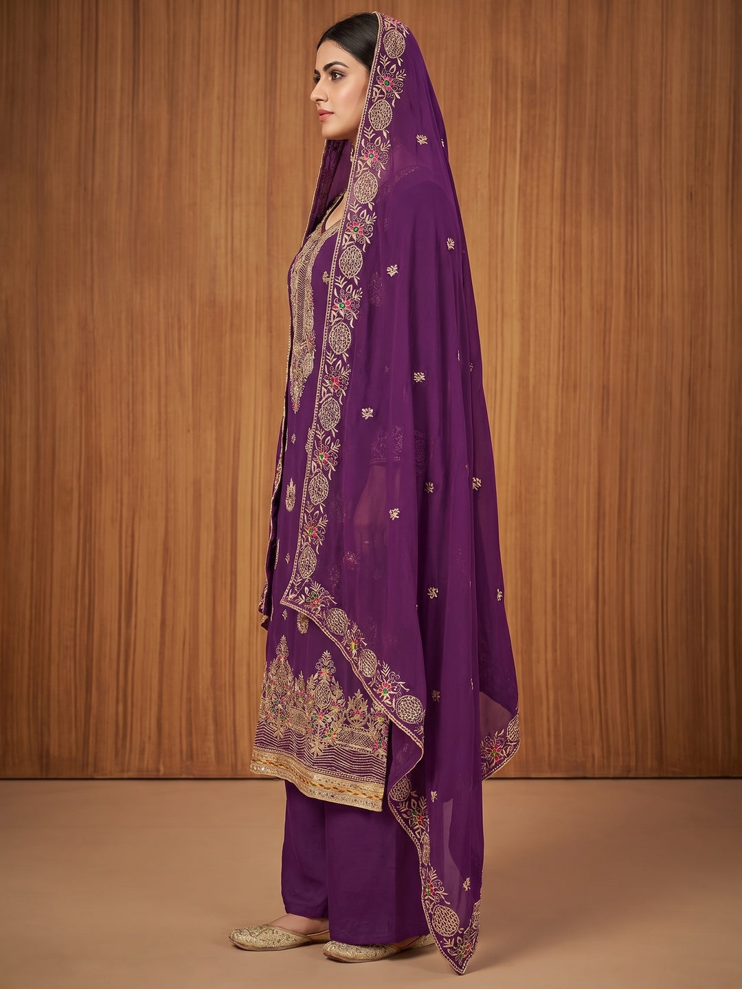 Purple Floral Embroidered Georgette Dress Material - Image 2