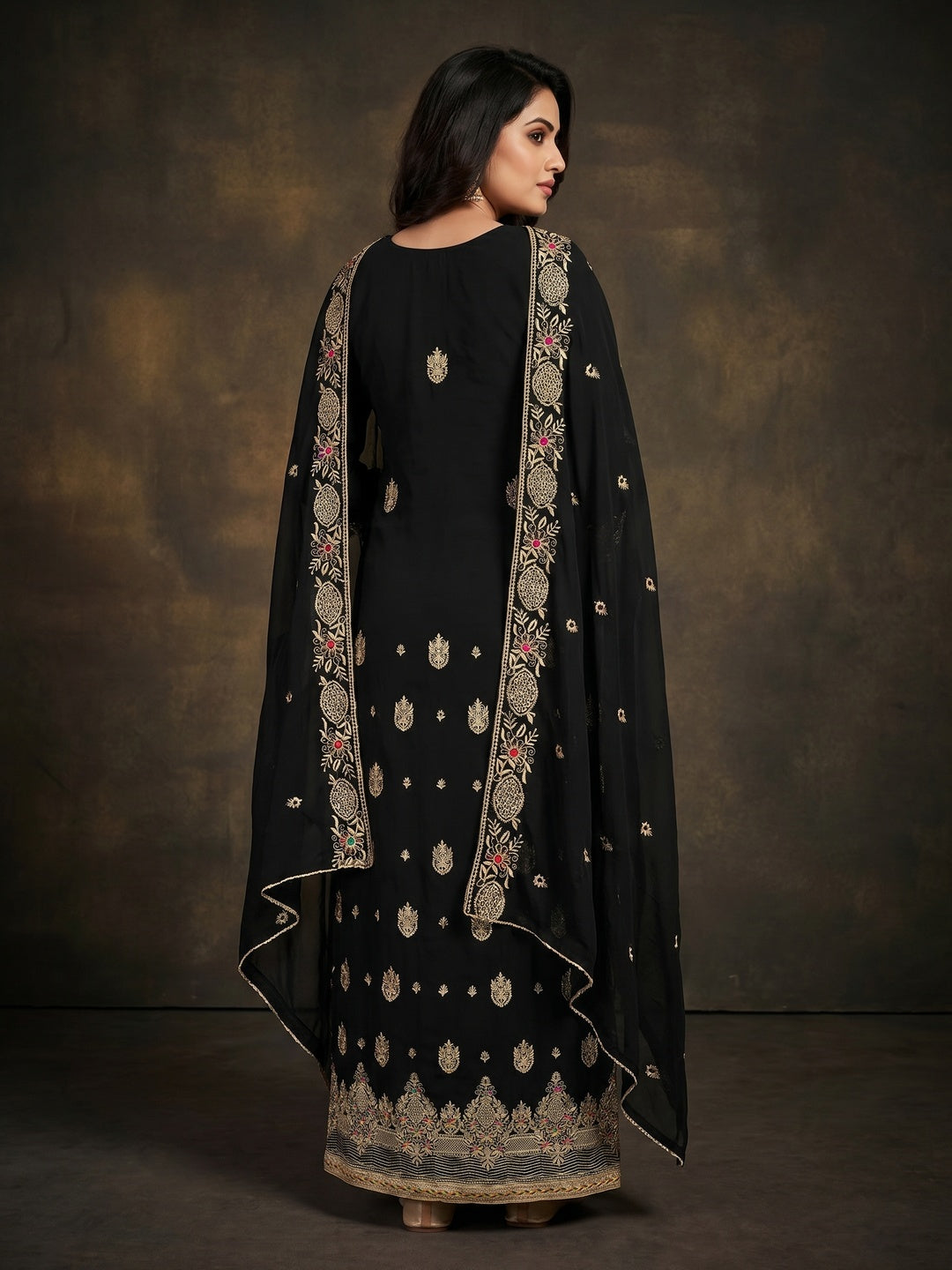 Black Floral Embroidered Georgette Dress Material - Image 3