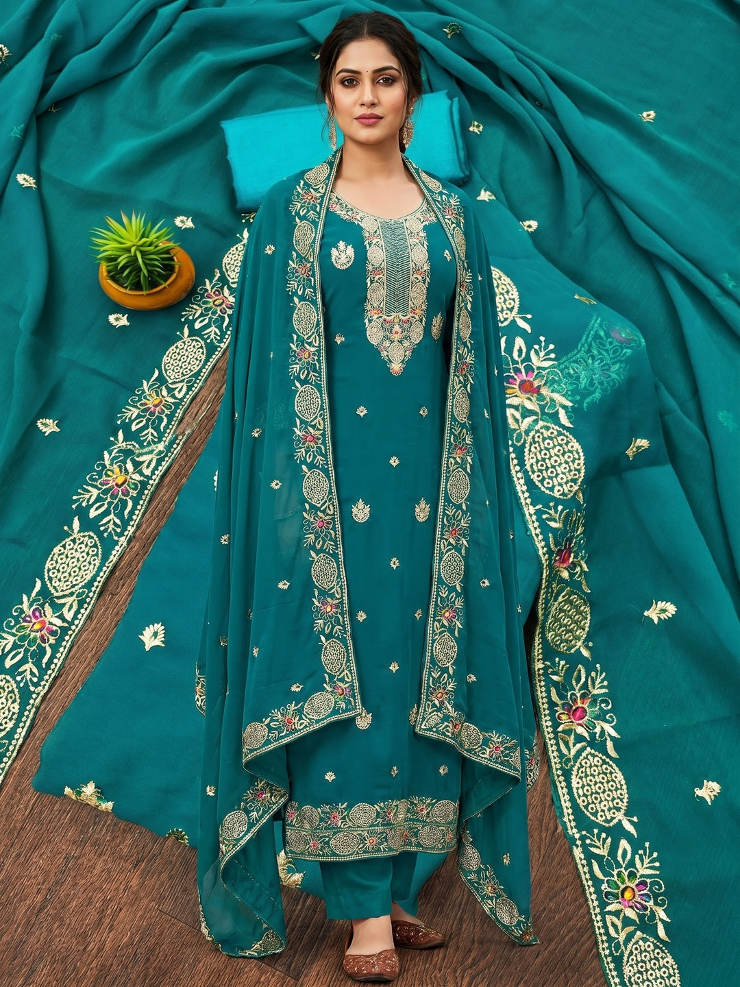 Rama Blue Floral Embroidered Georgette Dress Material - Image 1