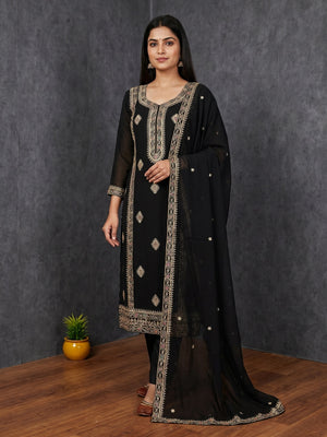 Black Floral Embroidered Georgette Dress Material - Image 1