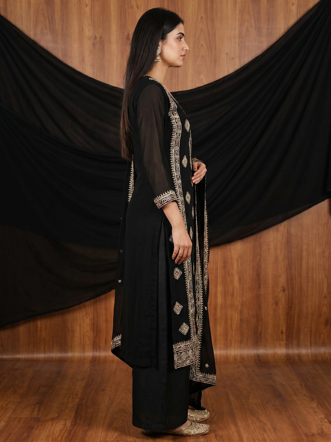 Black Floral Embroidered Georgette Dress Material - Image 2
