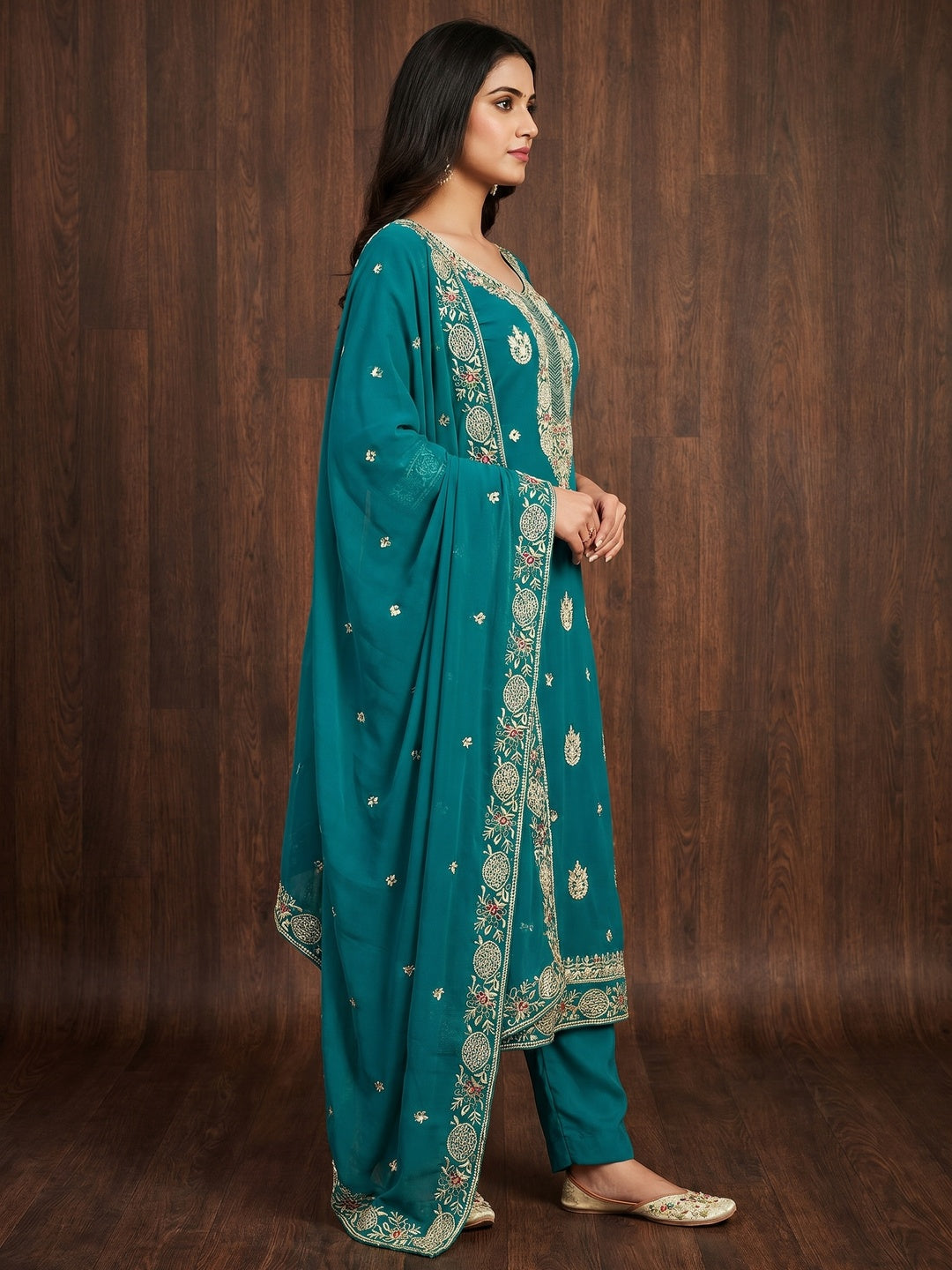Rama Blue Floral Embroidered Georgette Dress Material - Image 2