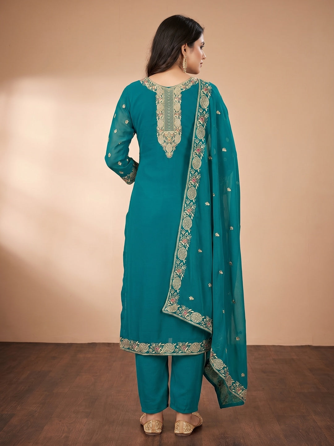 Rama Blue Floral Embroidered Georgette Dress Material - Image 3