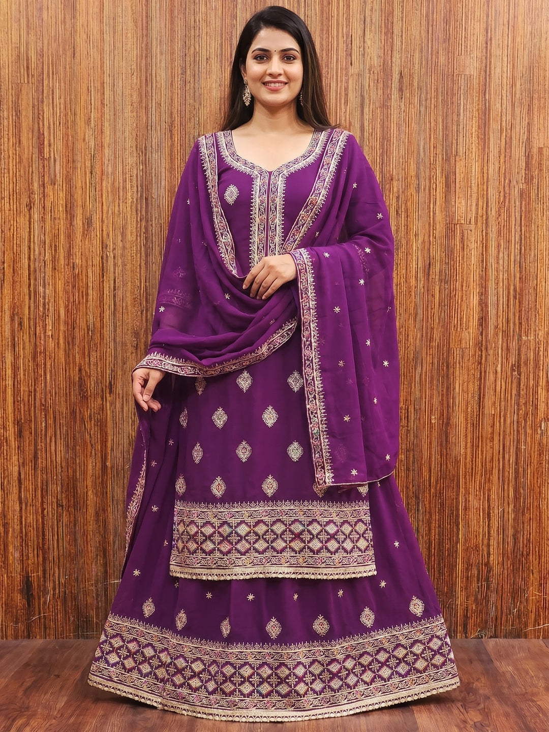 Purple Floral Embroidered Georgette Dress Material - Image 1