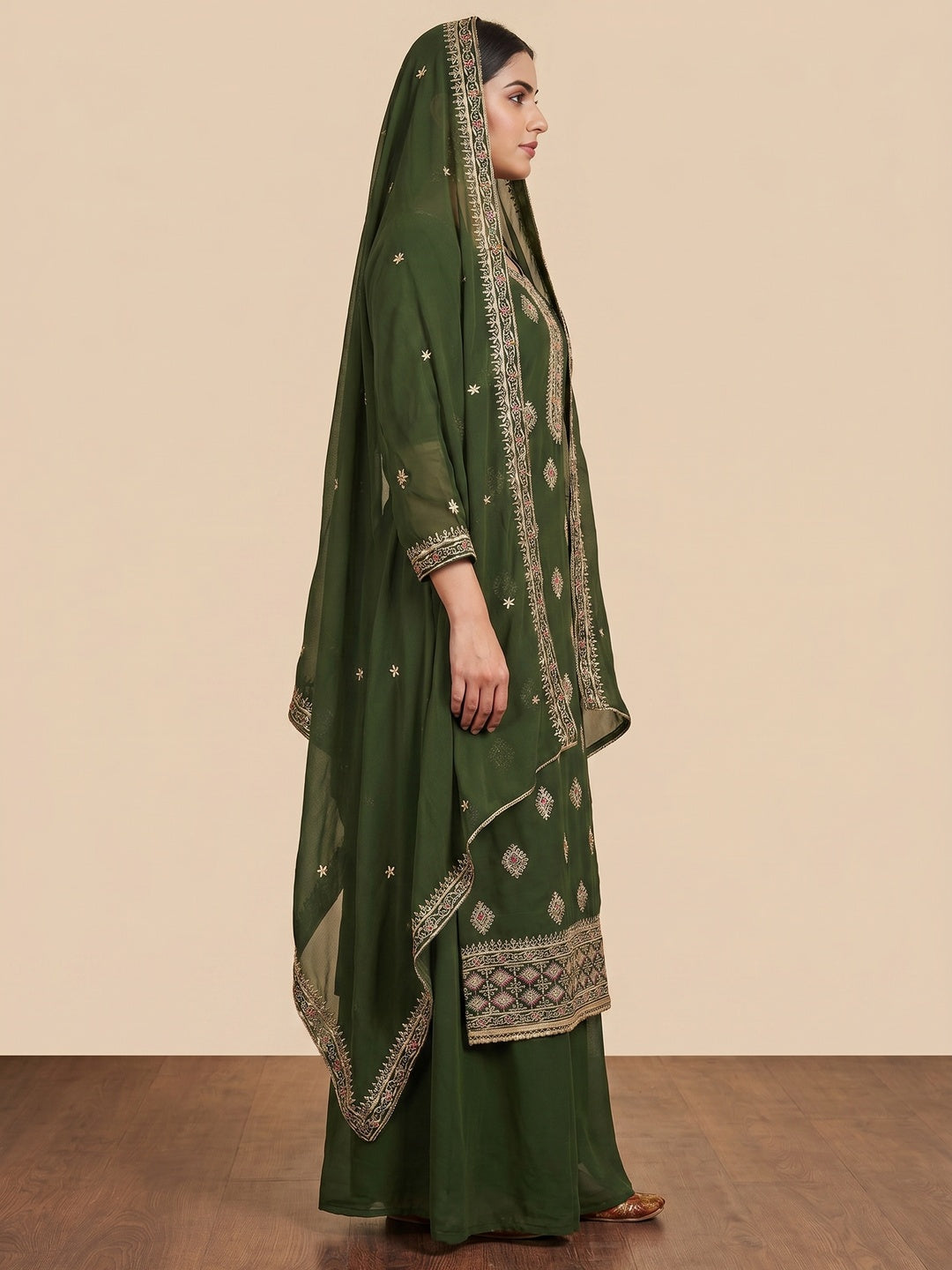 Mehendi Green Floral Embroidered Georgette Dress Material - Image 2