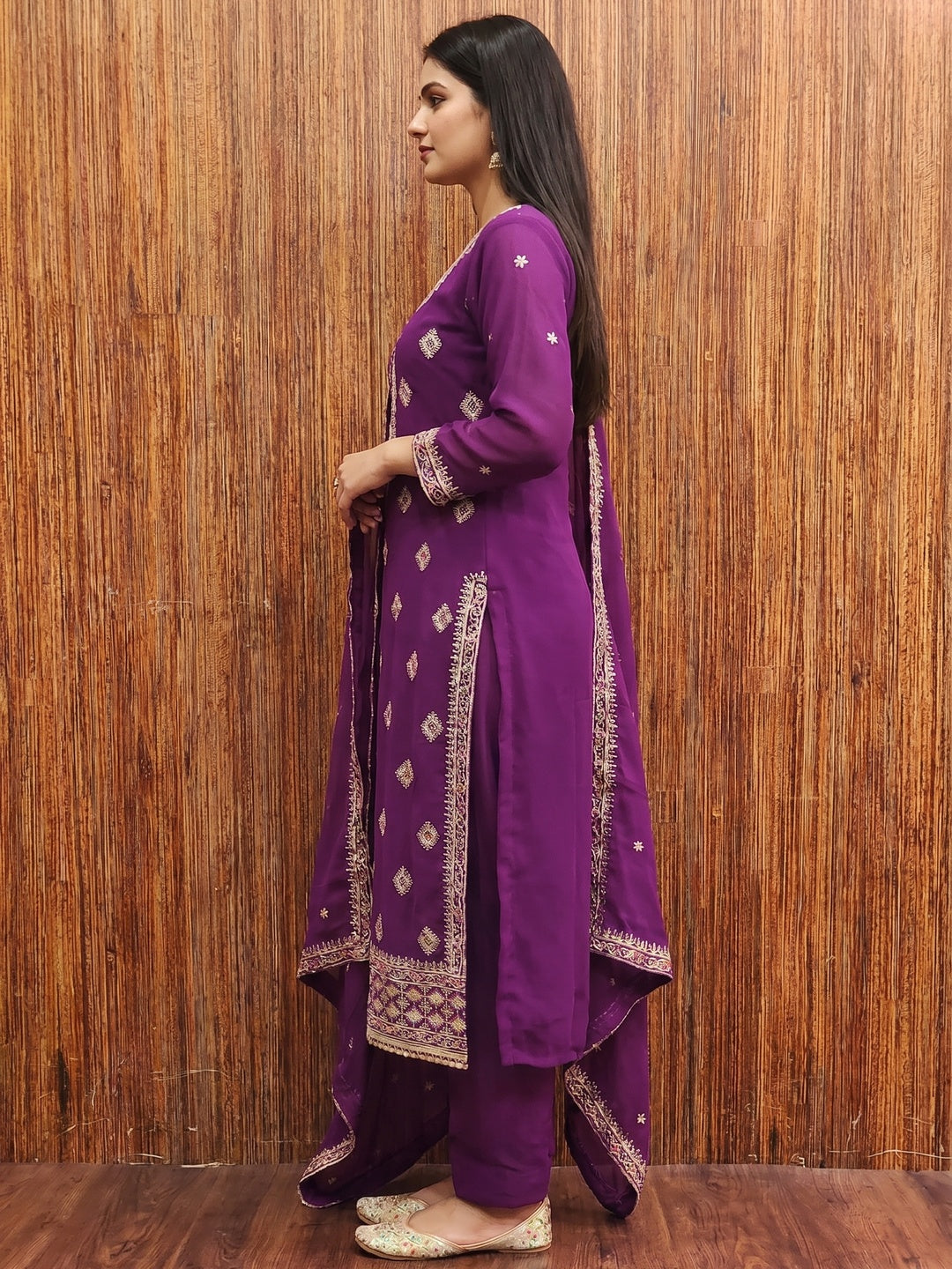 Purple Floral Embroidered Georgette Dress Material - Image 2