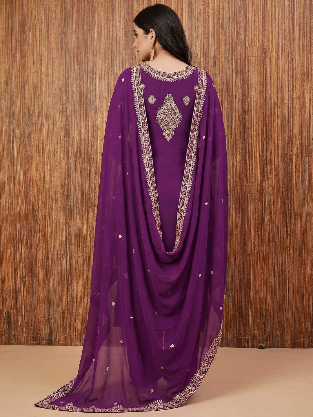 Purple Floral Embroidered Georgette Dress Material - Image 3