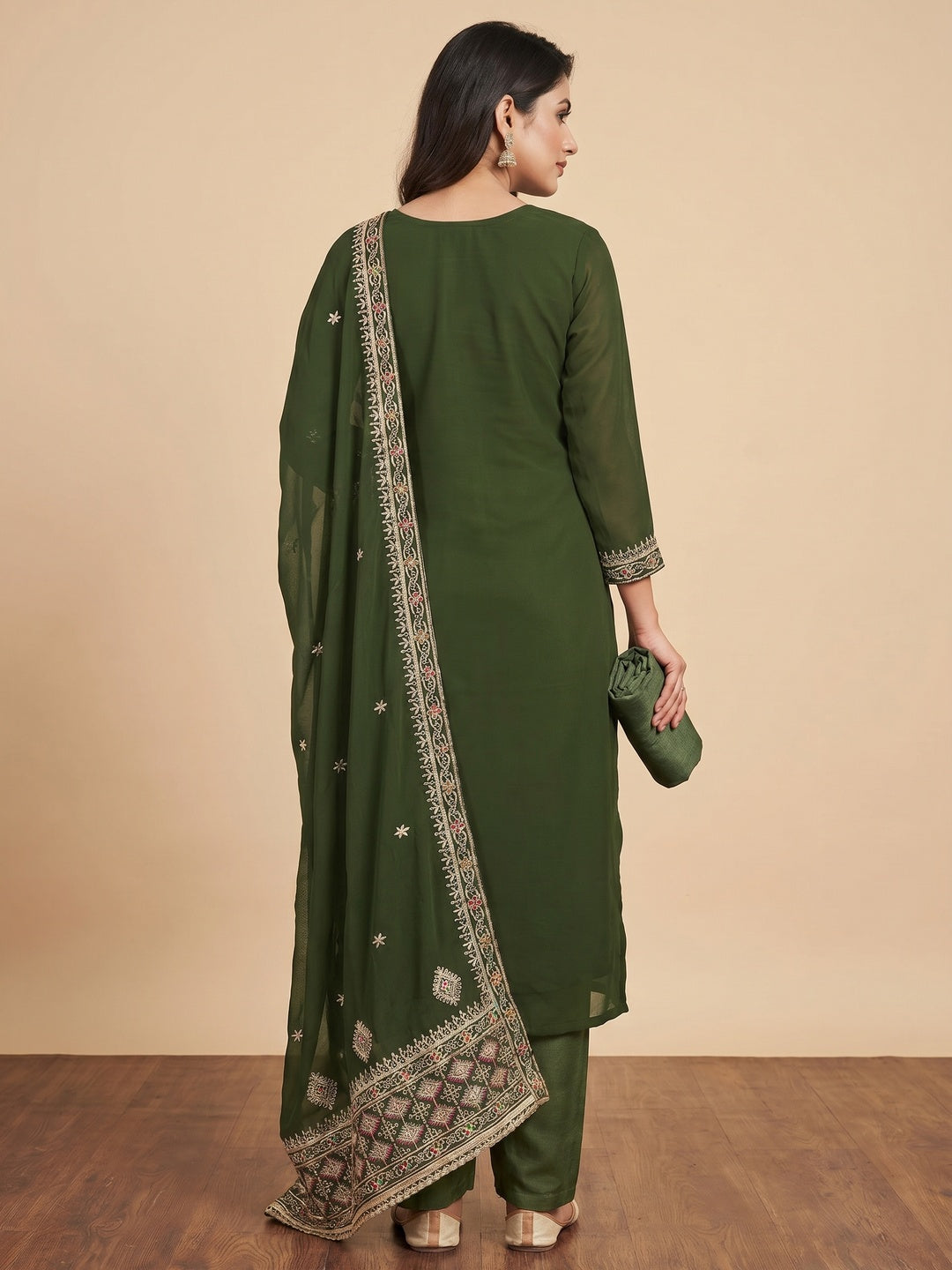 Mehendi Green Floral Embroidered Georgette Dress Material - Image 3