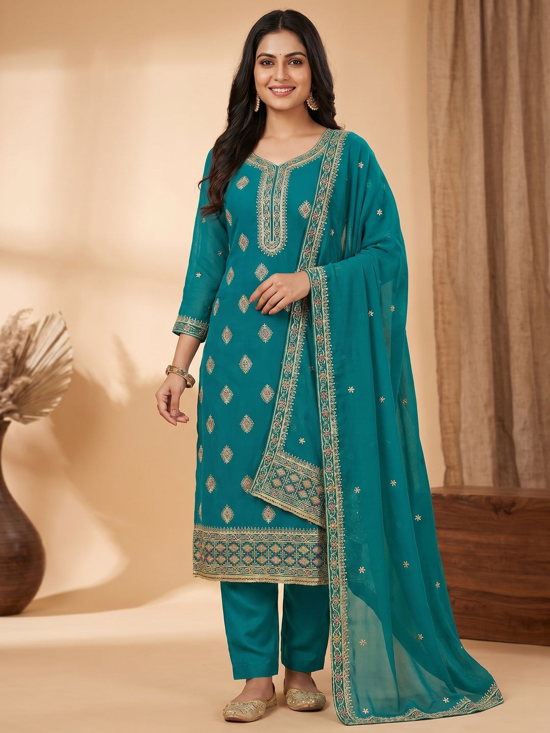 Rama Blue Floral Embroidered Georgette Dress Material - Image 1