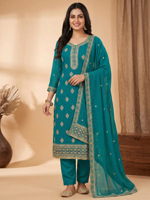 Rama Blue Floral Embroidered Georgette Dress Material - Image 1