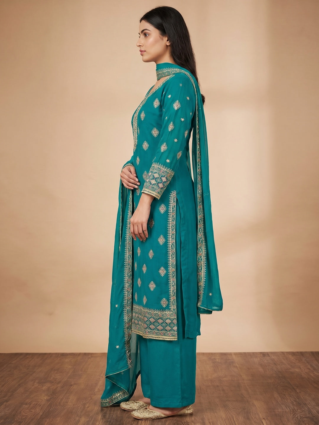 Rama Blue Floral Embroidered Georgette Dress Material - Image 3