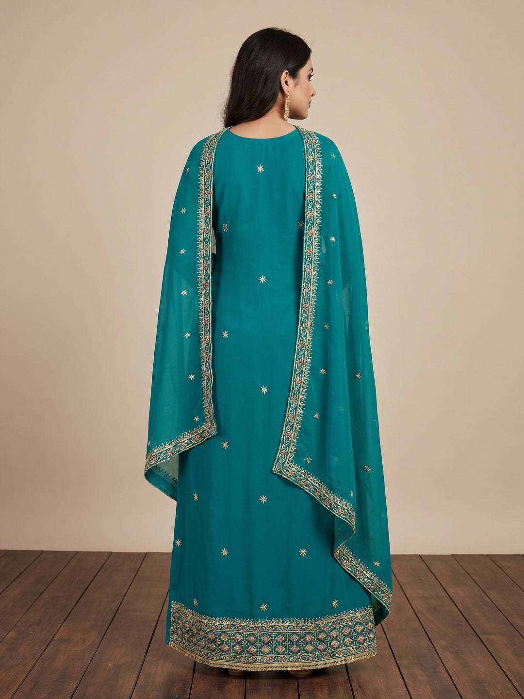Rama Blue Floral Embroidered Georgette Dress Material - Image 2
