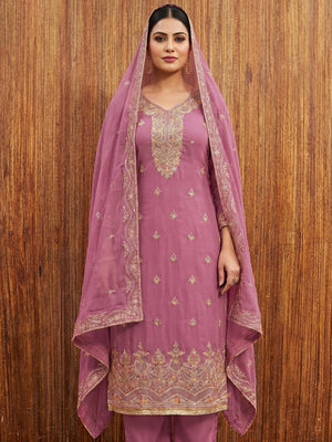 Pink Floral Embroidered Georgette Dress Material - Image 1