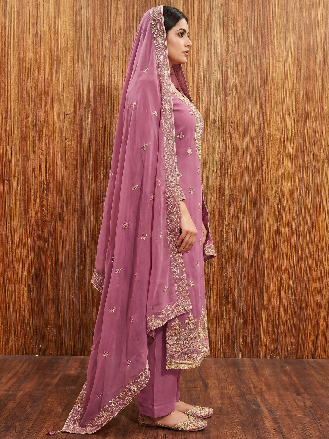 Pink Floral Embroidered Georgette Dress Material - Image 2