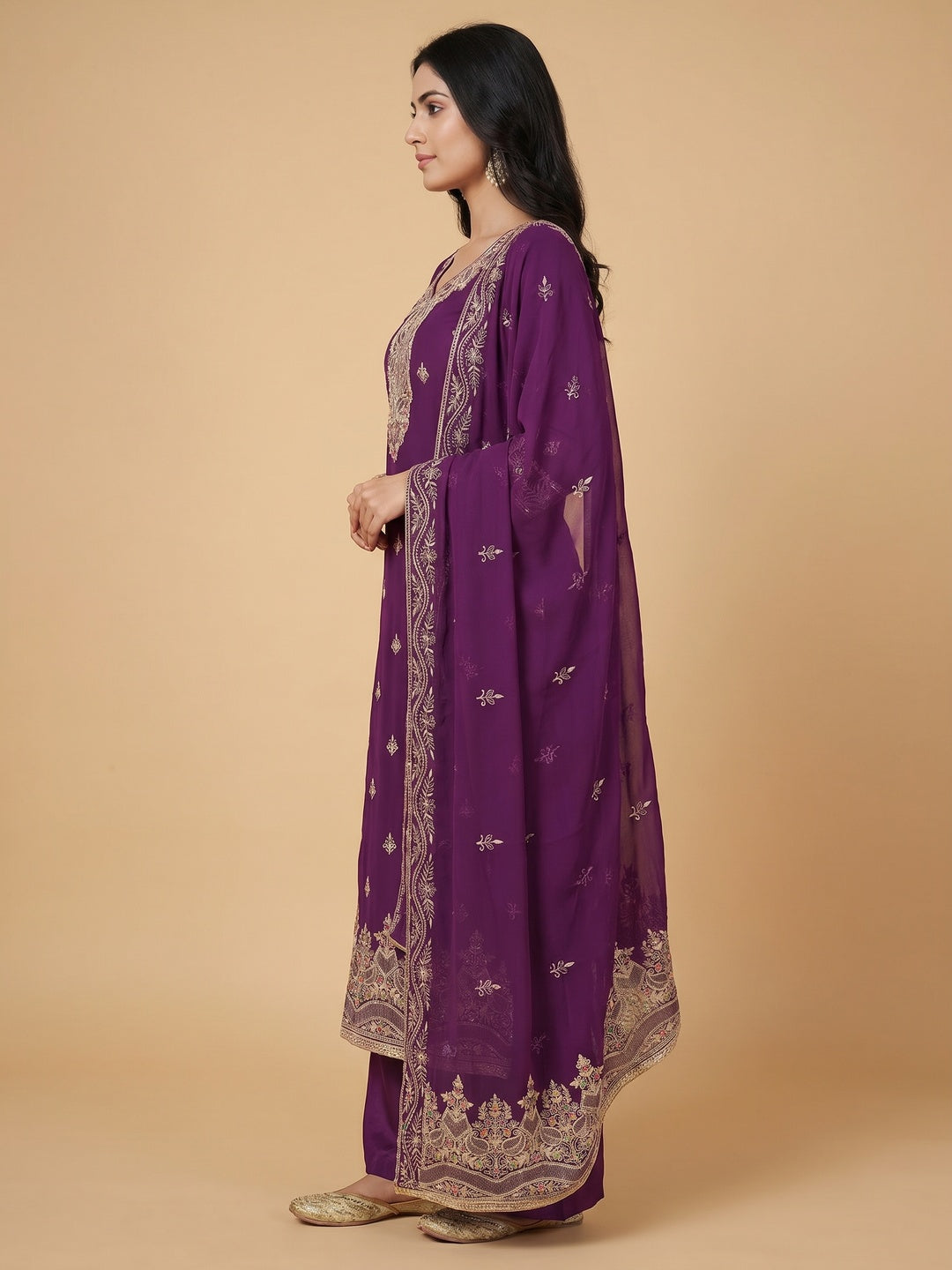 Purple Floral Embroidered Georgette Dress Material - Image 2