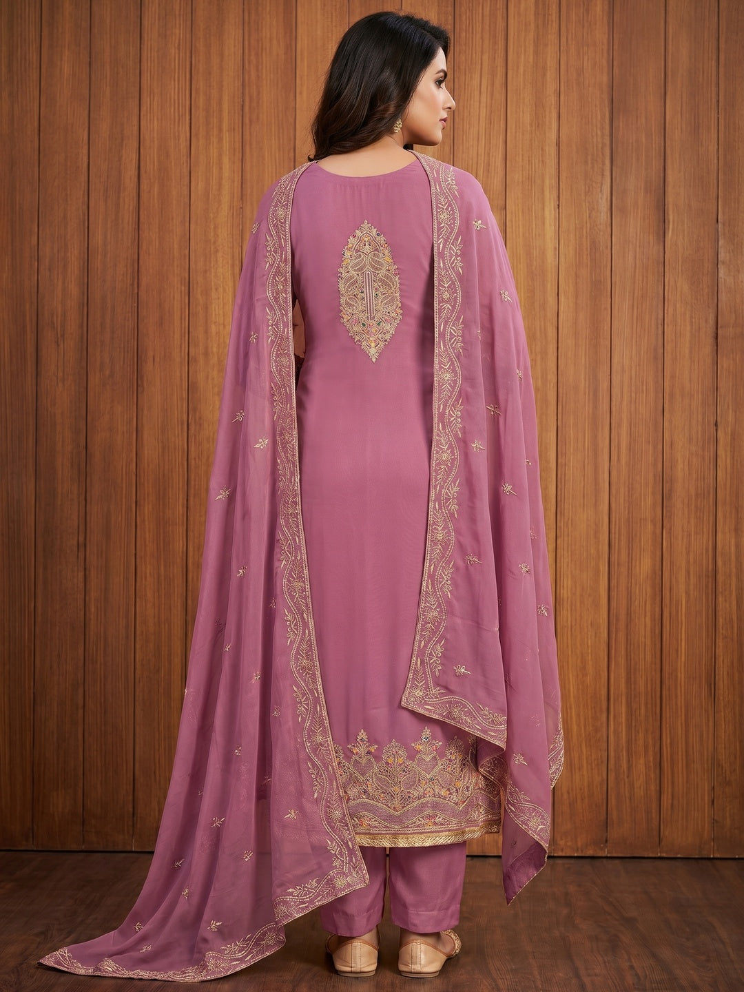 Pink Floral Embroidered Georgette Dress Material - Image 3