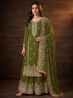 Mehendi Green Floral Embroidered Georgette Dress Material - Image 1
