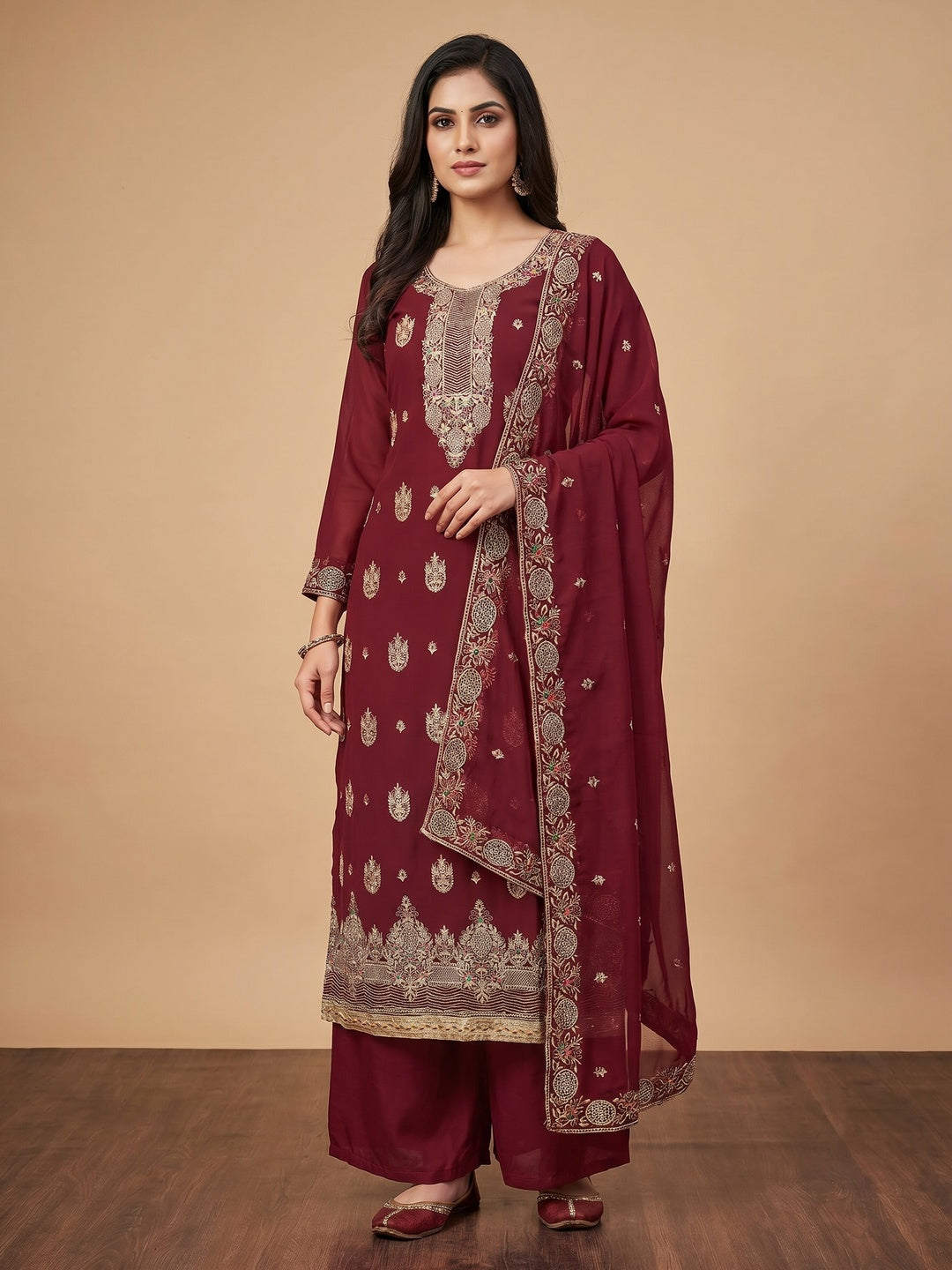 Maroon Floral Embroidered Georgette Dress Material - Image 1
