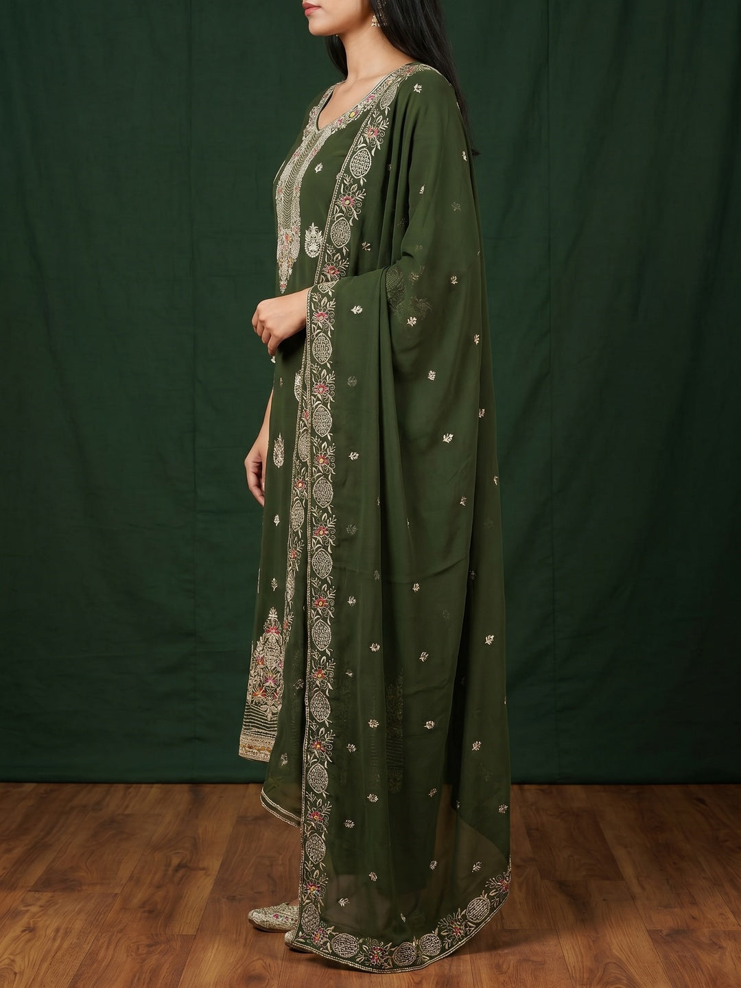 Mehendi Green Floral Embroidered Georgette Dress Material - Image 2