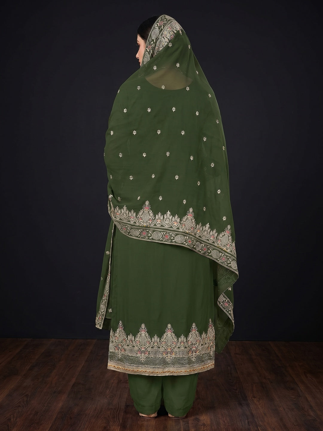 Mehendi Green Floral Embroidered Georgette Dress Material - Image 3