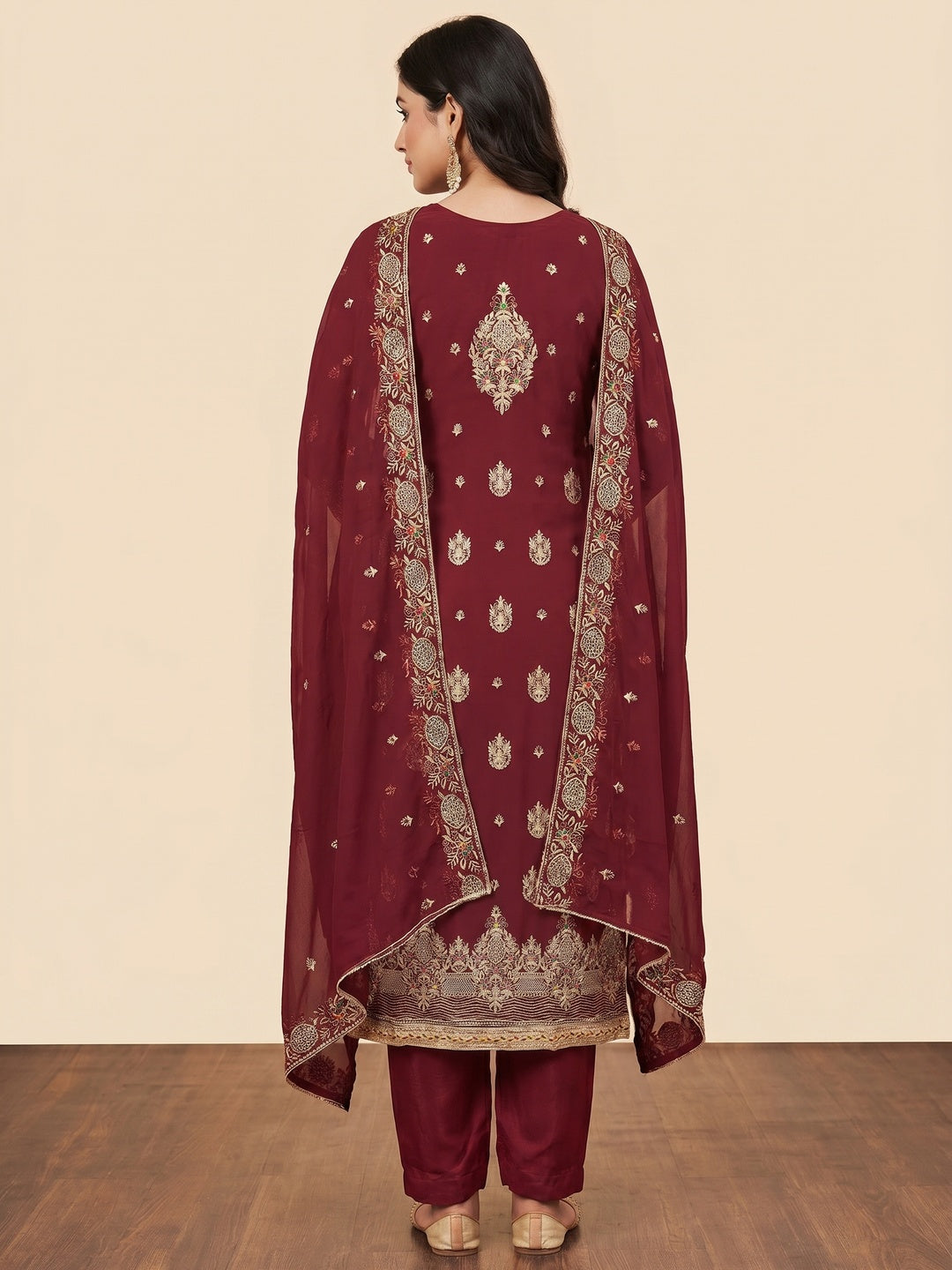 Maroon Floral Embroidered Georgette Dress Material - Image 3