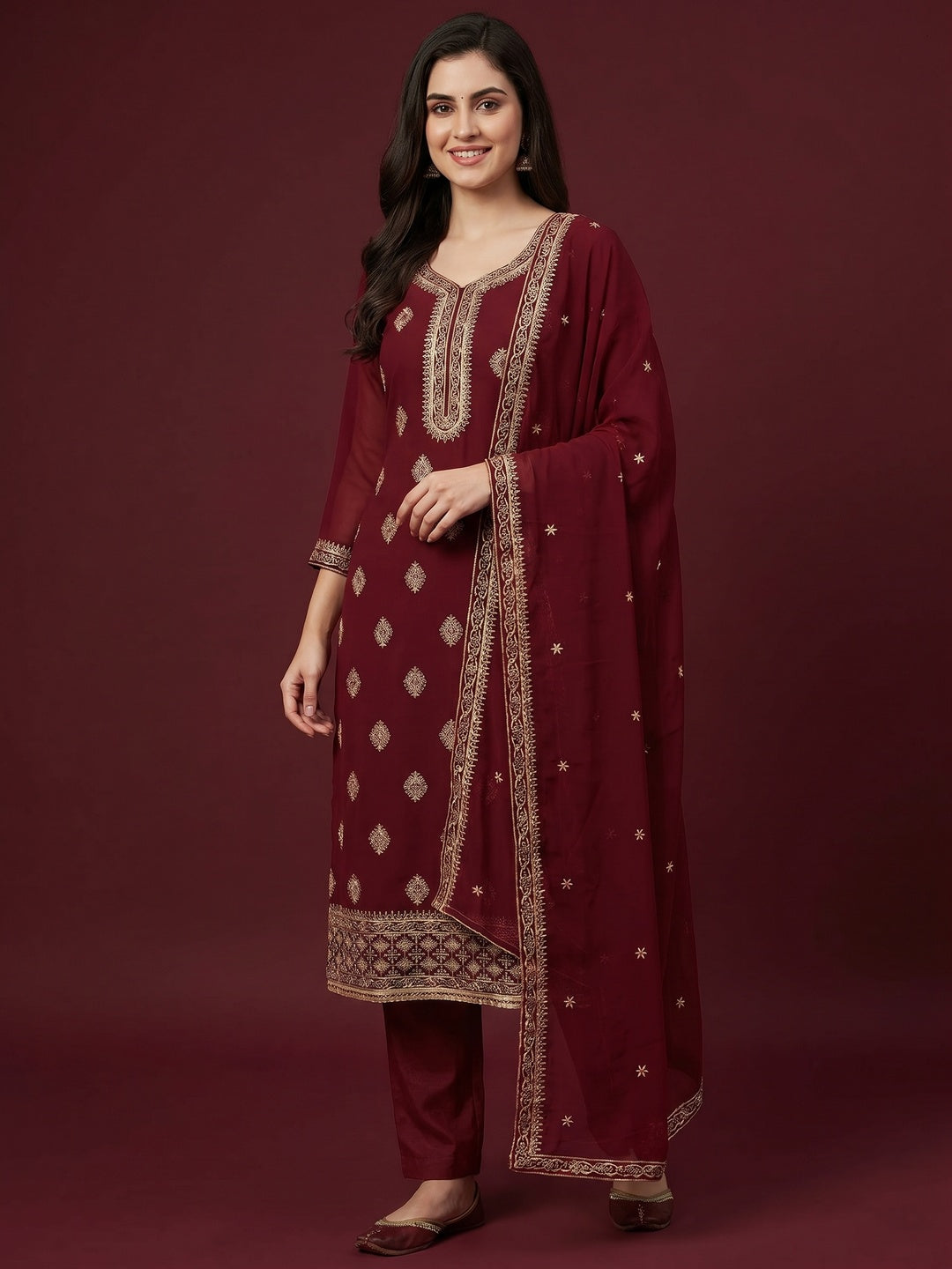 Maroon Floral Embroidered Georgette Dress Material - Image 1