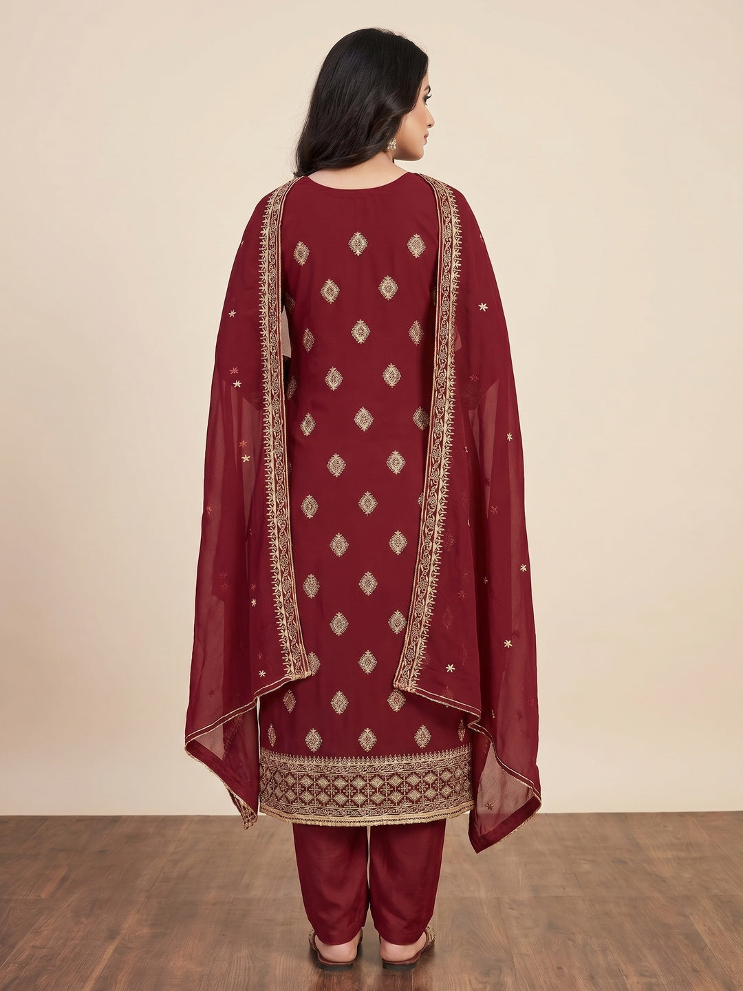 Maroon Floral Embroidered Georgette Dress Material - Image 2
