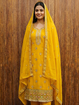 Yellow Floral Embroidered Georgette Dress Material - Image 1