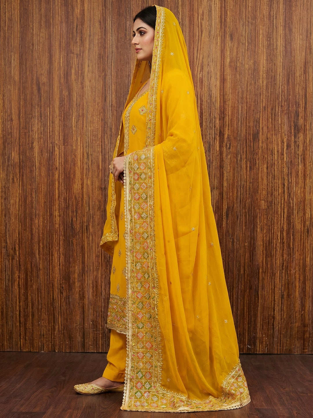 Yellow Floral Embroidered Georgette Dress Material - Image 2