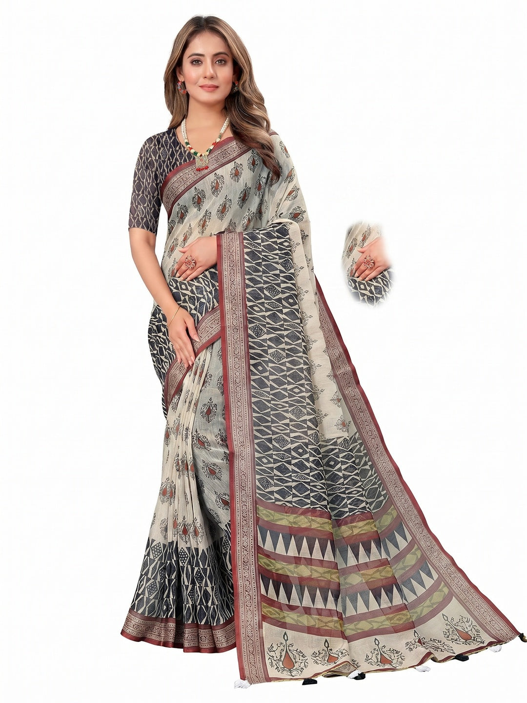 Off White Printed Linen Saree - Image 1