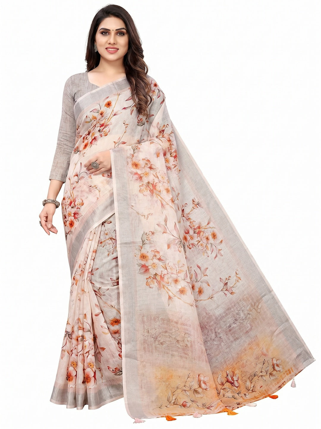 Cream Printed Linen Saree - Image 1