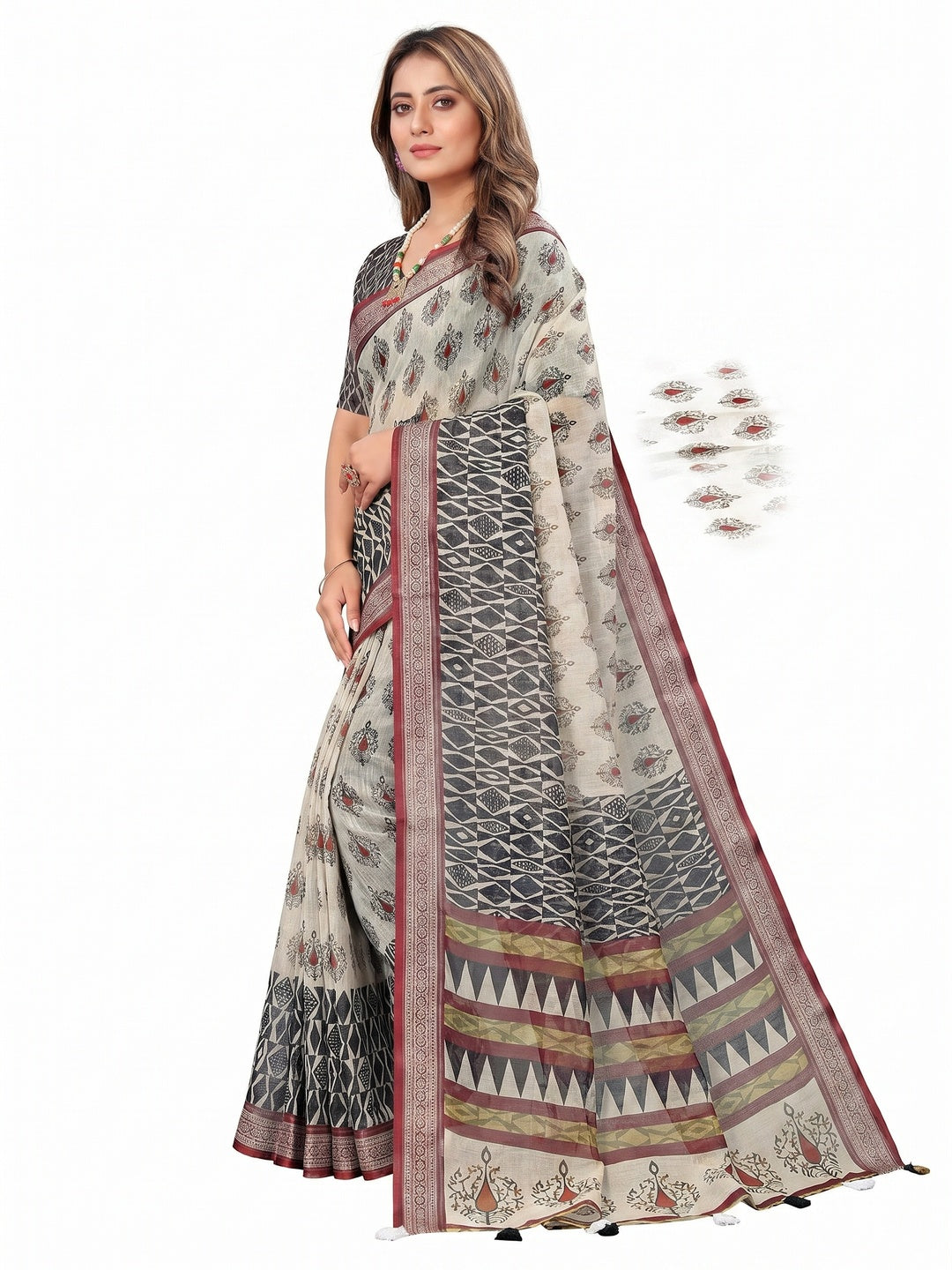Off White Printed Linen Saree - Image 2