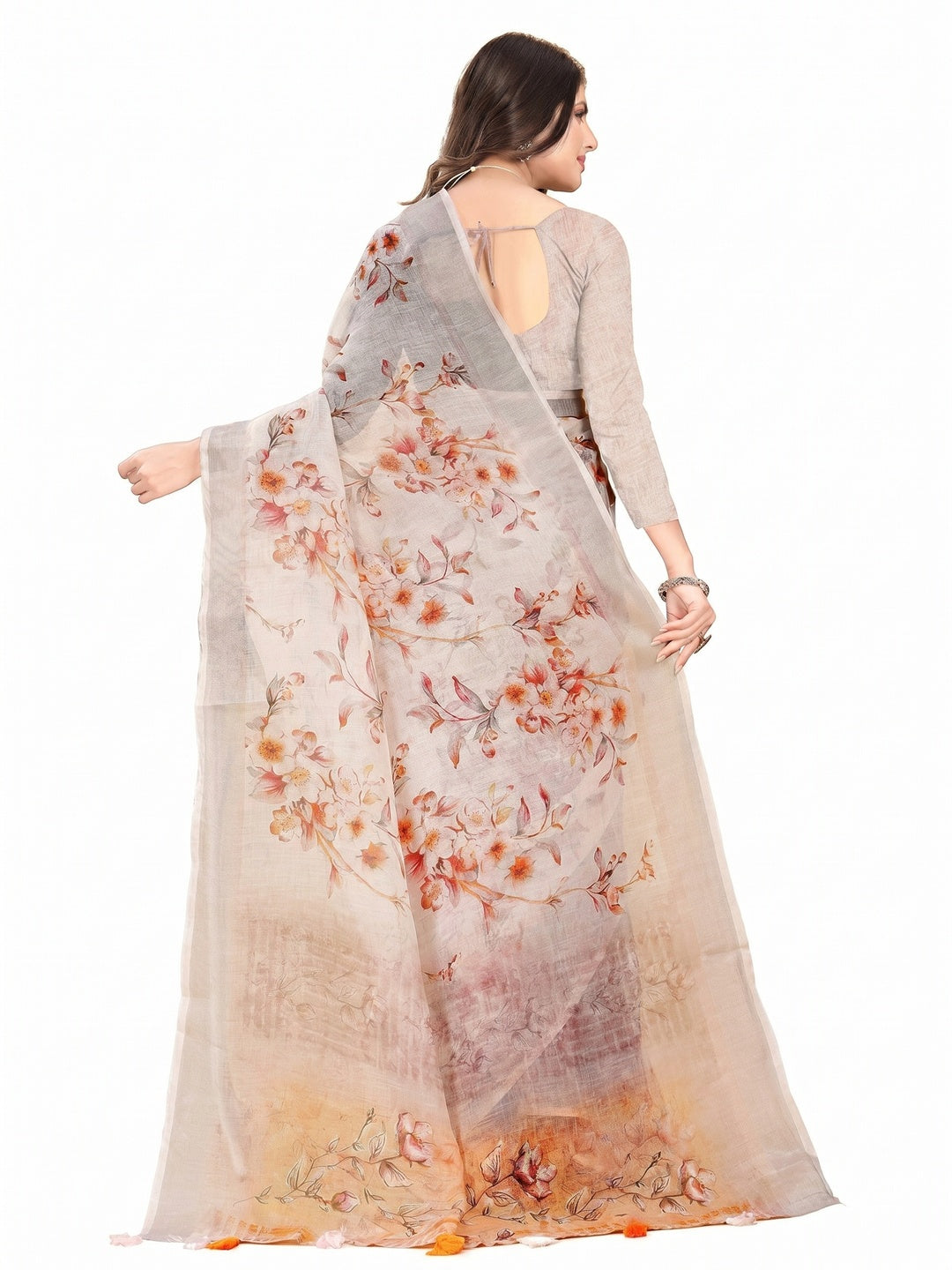 Cream Printed Linen Saree - Image 3