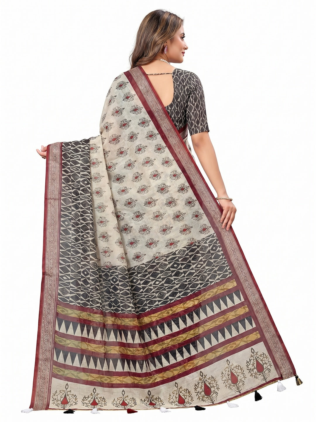 Off White Printed Linen Saree - Image 3