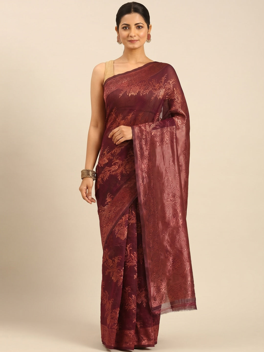 Wine Floral Woven Cotton Silk Saree - Image 1