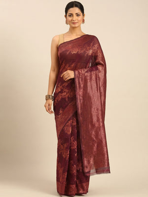 Wine Floral Woven Cotton Silk Saree - Image 1
