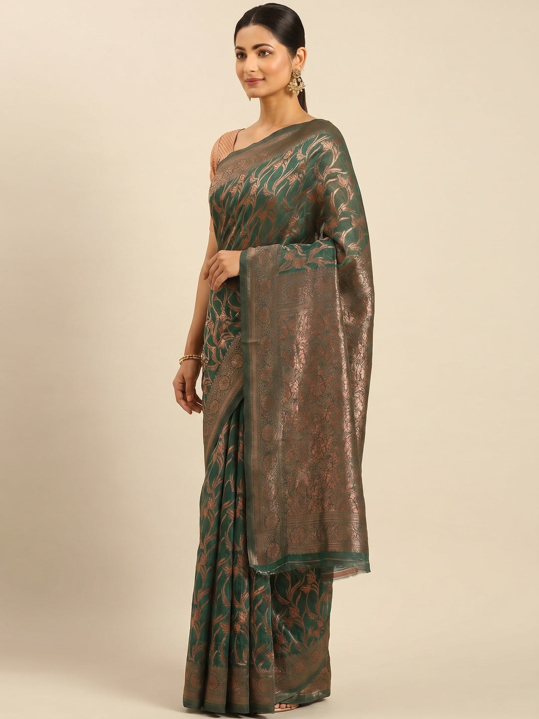 Rama Green Floral Woven Cotton Silk Saree - Image 3