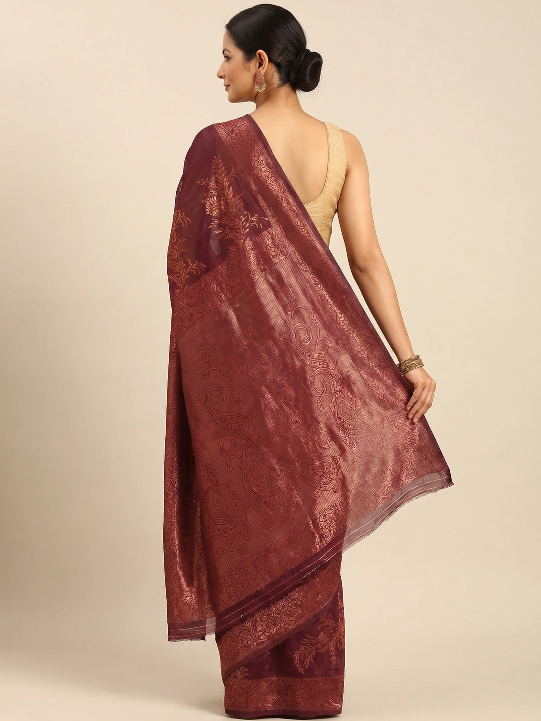 Wine Floral Woven Cotton Silk Saree - Image 2