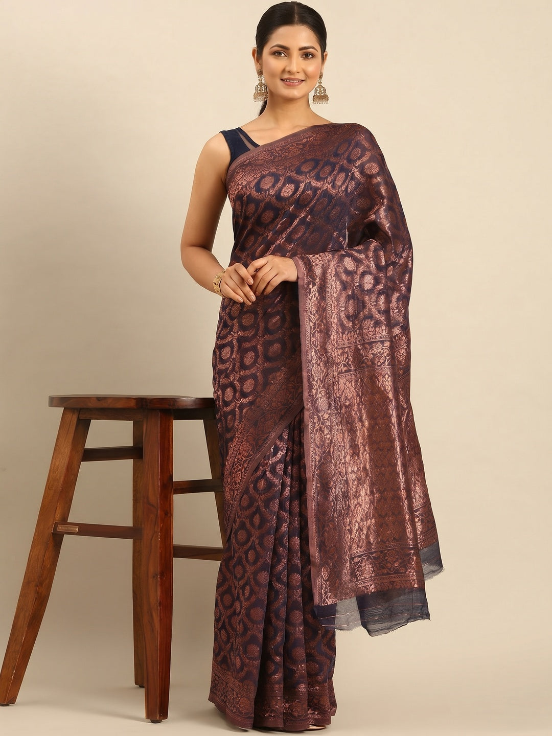 Navy Blue Floral Woven Cotton Silk Saree - Image 1