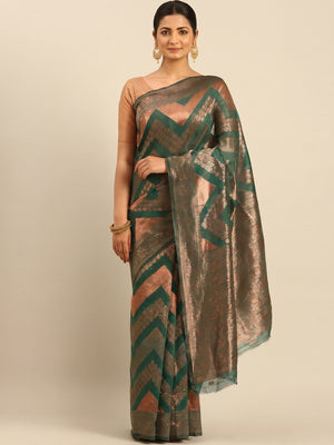 Green Floral Woven Cotton Silk Saree - Image 1