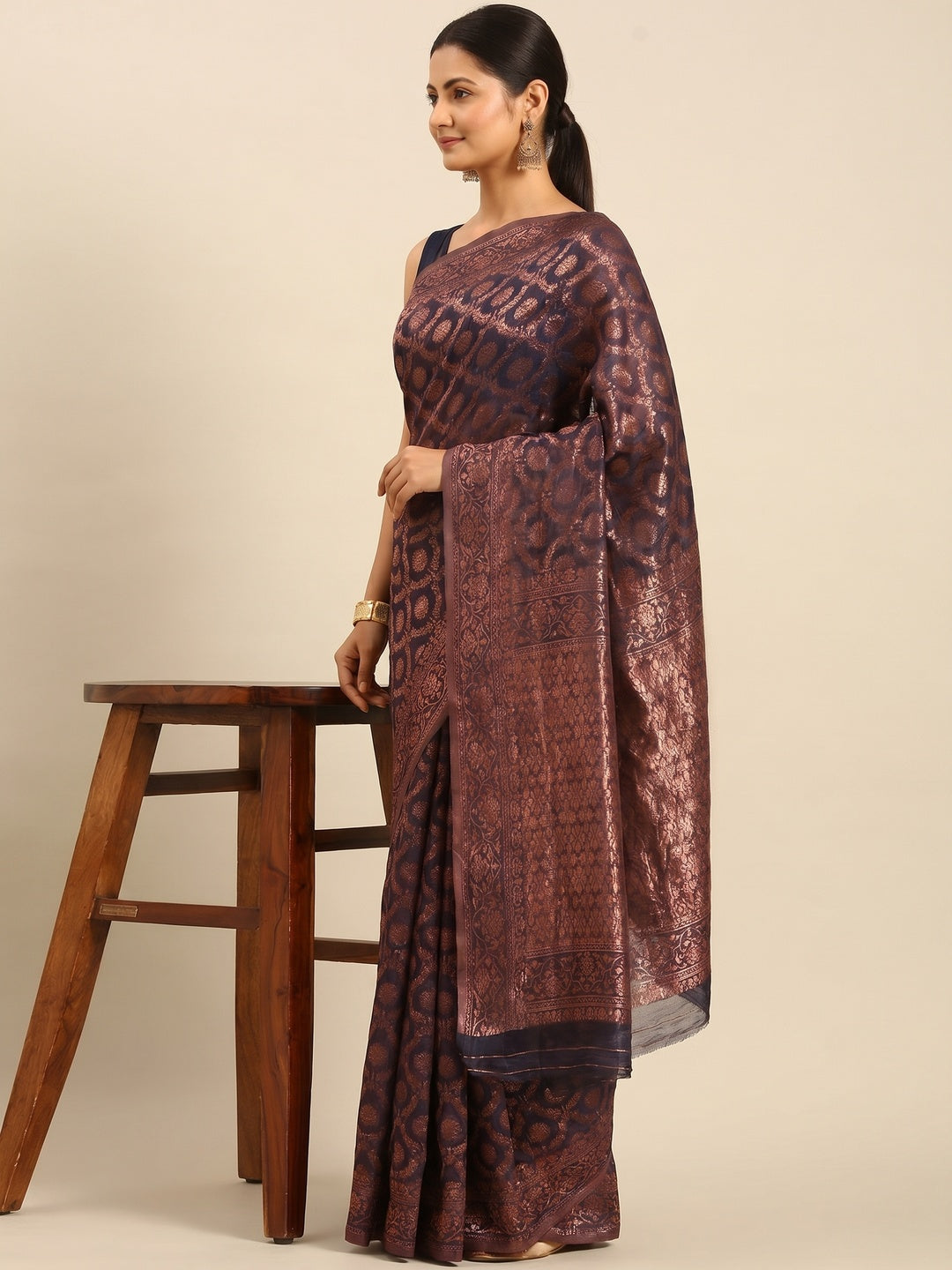Navy Blue Floral Woven Cotton Silk Saree - Image 3
