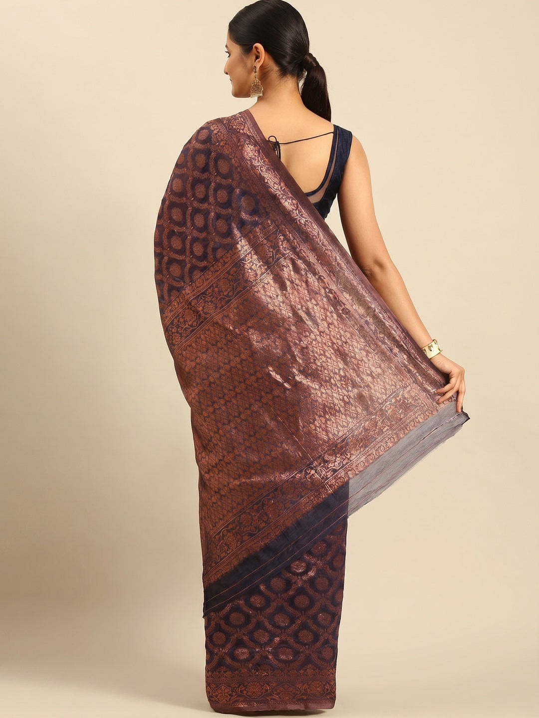 Navy Blue Floral Woven Cotton Silk Saree - Image 2