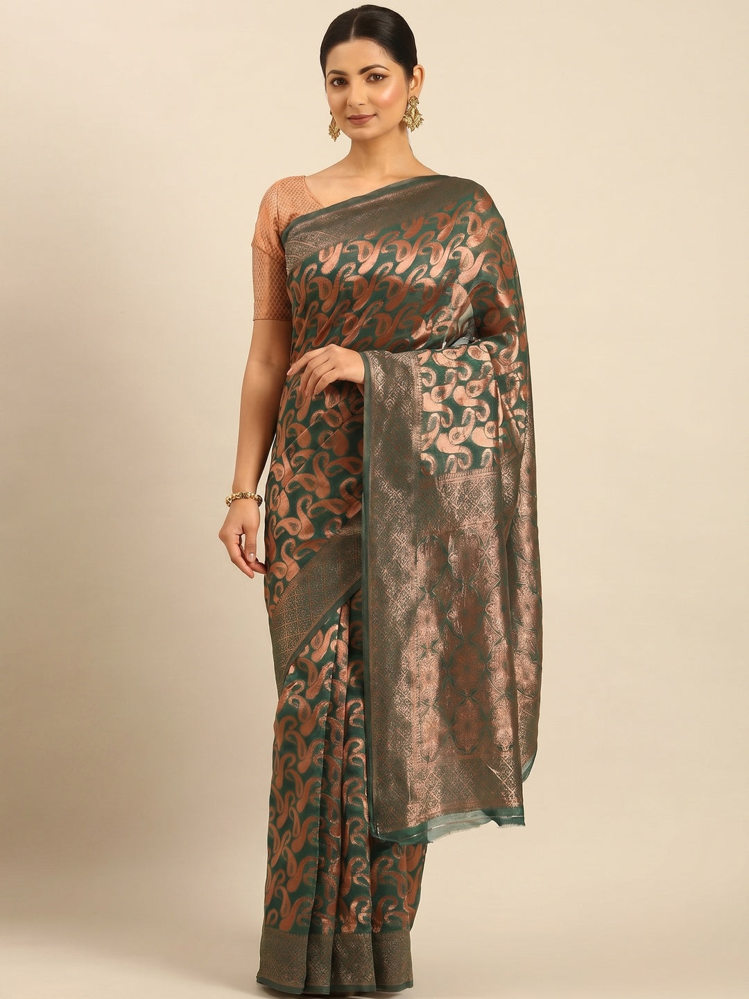 Green Floral Woven Cotton Silk Saree - Image 1
