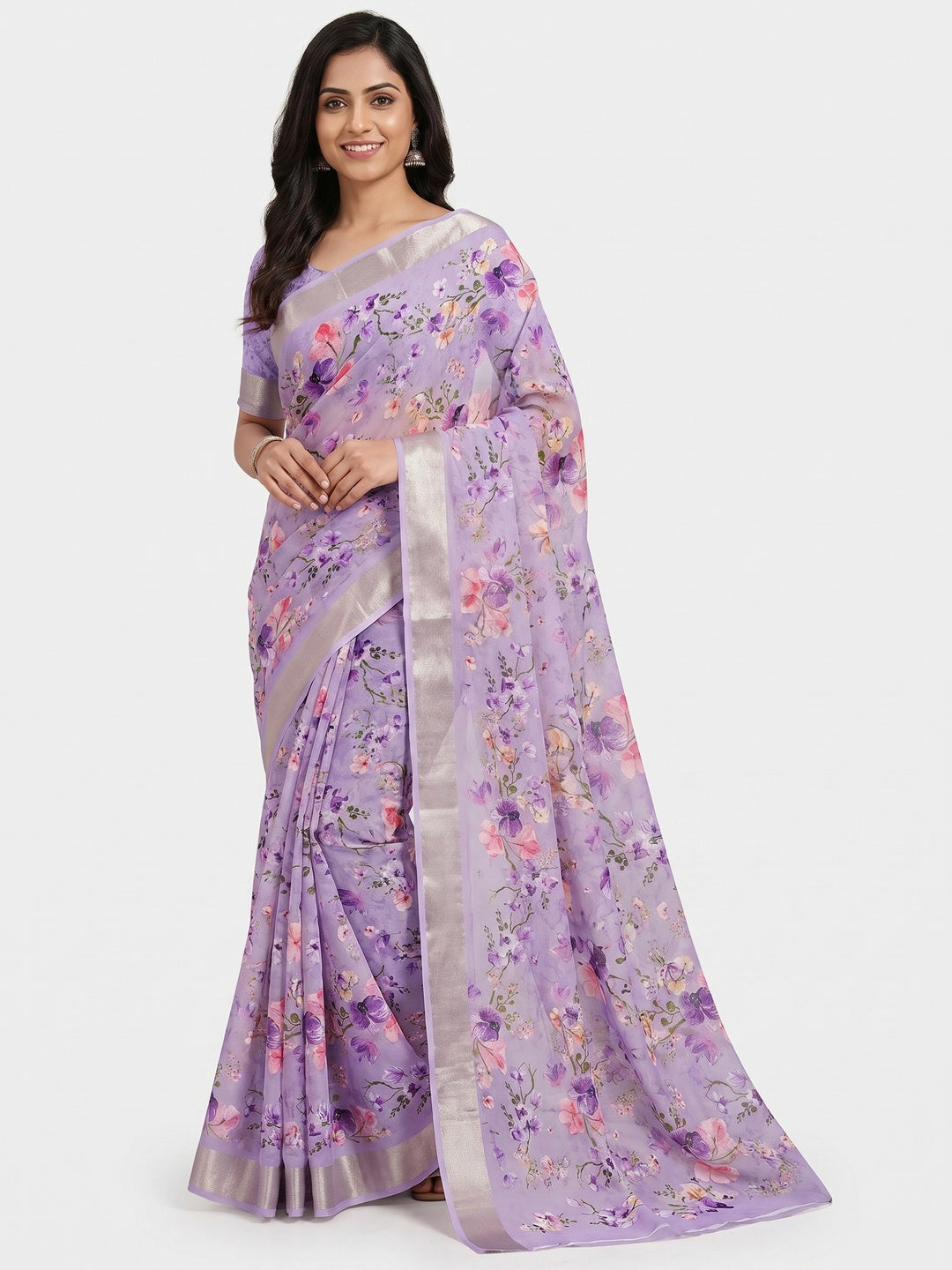 Light Purple Floral Digital Printed Moss Georgette Saree With Zari Border - Image 1